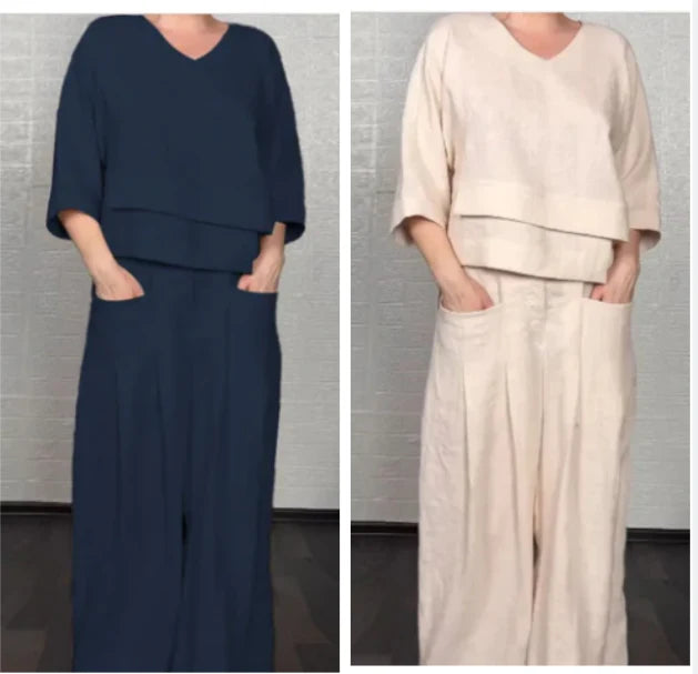 💎 2-Piece Cotton-Linen Set With An Uneven Hem – V-Neck Top + Wide-Leg Pants, Breathable & Effortlessly Stylish