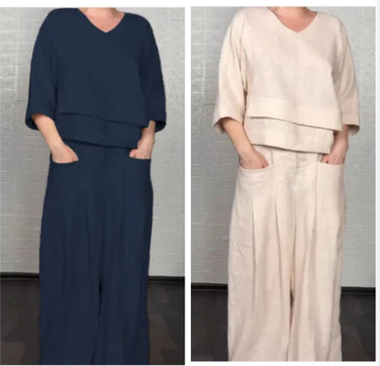 💎 2-Piece Cotton-Linen Set With An Uneven Hem – V-Neck Top + Wide-Leg Pants, Breathable & Effortlessly Stylish