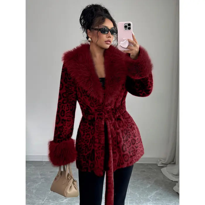 Ladies' winter lace up leopard print faux fur coat