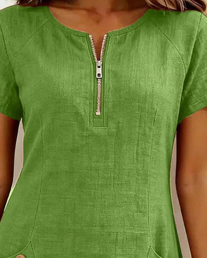 Zipper Pocket Cotton Linen Dress - MATCHING MASTER