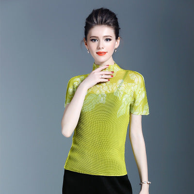 BundleWear™ Art-Print Pleated Tee | Micro-Pleated Mock Neck & Oil-Painting Floral Top