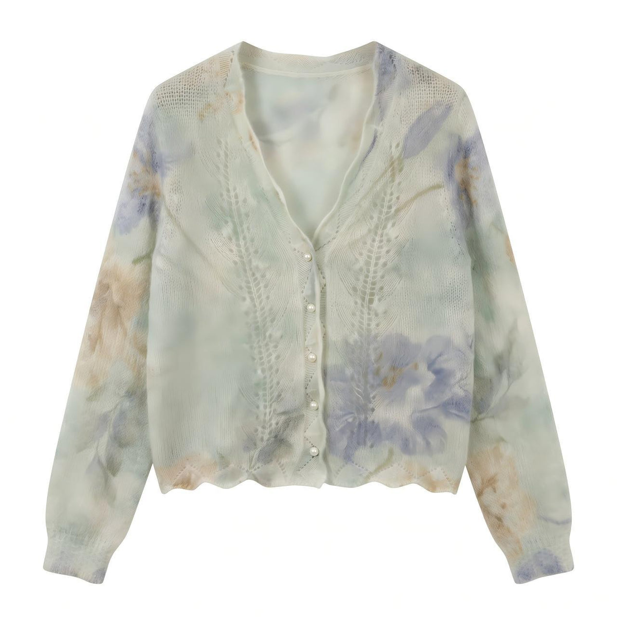 French Floral Mohair-Blend Cardigan — V-Neck Pointelle Knit, One Size