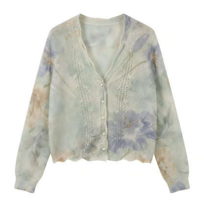 French Floral Mohair-Blend Cardigan — V-Neck Pointelle Knit, One Size