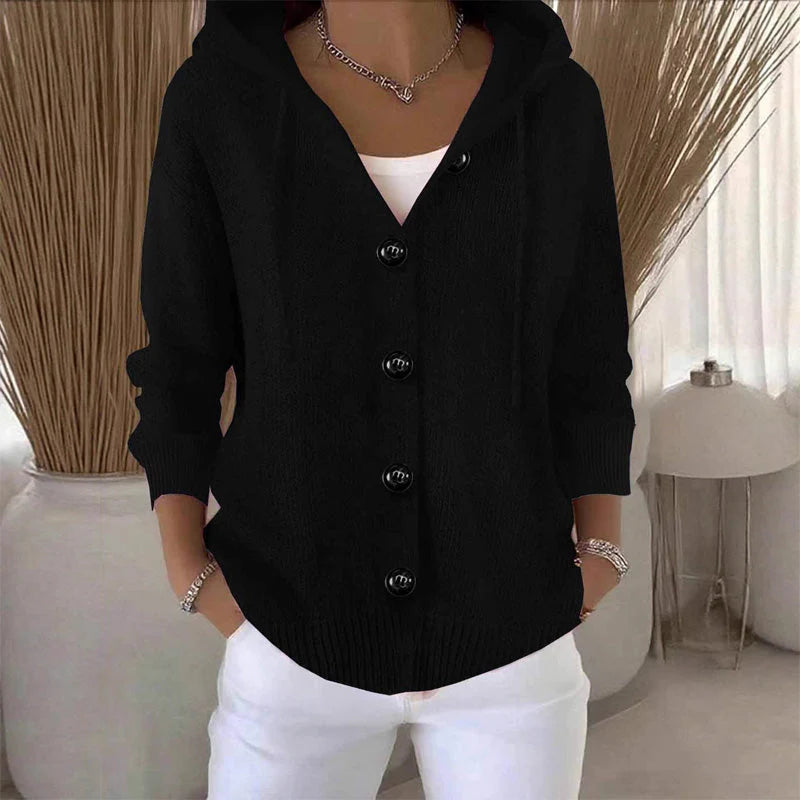 Button-down knit hooded sweater cardigan