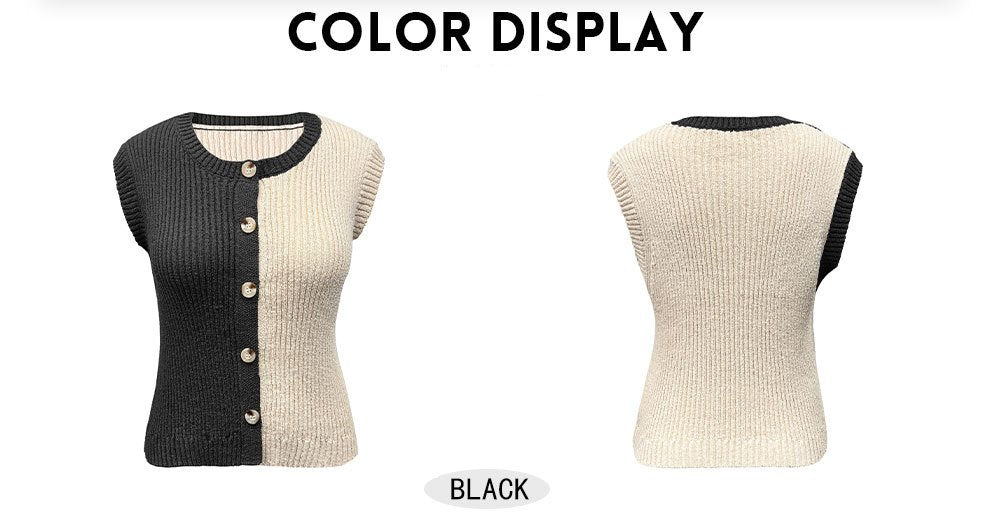 Two-Piece Contrast Knit Top & Denim Set - Sleeveless Button-Down Ribbed Vest with Wide-Leg High-Rise Jeans - BundleWear