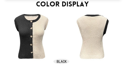 Two-Piece Contrast Knit Top & Denim Set - Sleeveless Button-Down Ribbed Vest with Wide-Leg High-Rise Jeans - BundleWear