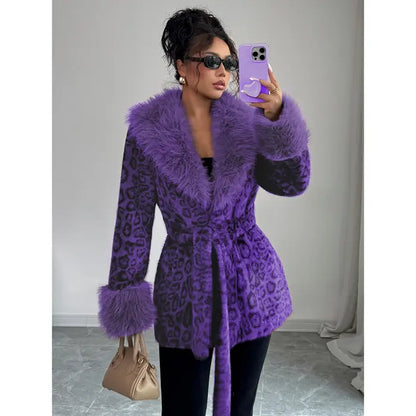 Ladies' winter lace up leopard print faux fur coat