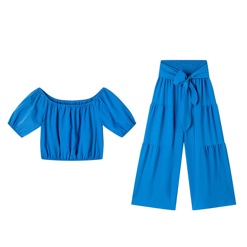 BundleWear™ Bohemian Breeze Set | Off-Shoulder Puff Sleeve Crop & Tiered Wide-Leg Pants