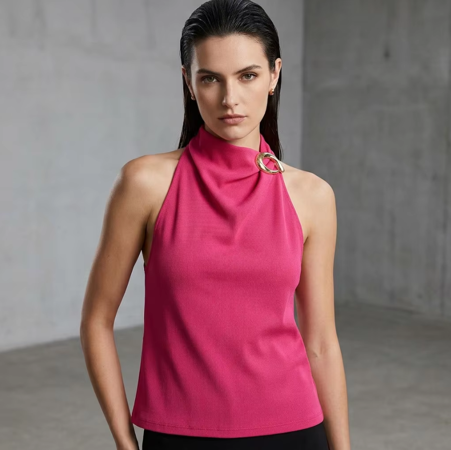 BundleWear™ Gilded Halter Top | Asymmetric Buckle & Draped Mock-Neck Tank