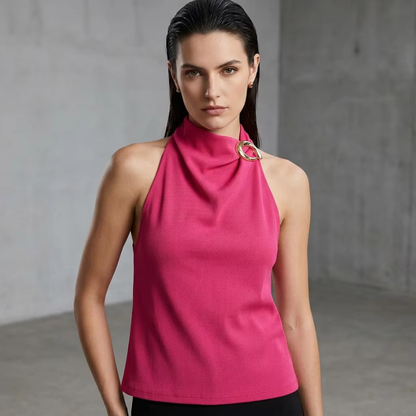 BundleWear™ Gilded Halter Top | Asymmetric Buckle & Draped Mock-Neck Tank