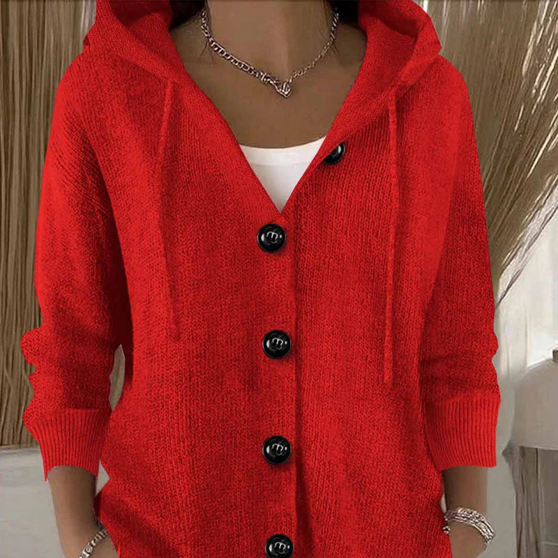 Button-down knit hooded sweater cardigan