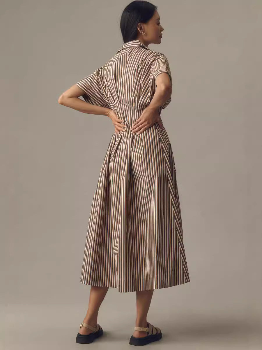 Women's Button-Down Shirt Dress - Short-Sleeve, Loose, Pleated Maxi Sundress with Pockets, Basic Casual Wear for Summer