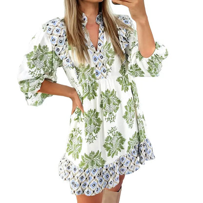 Women's Print Color Block Ruffle Mini Dress - BundleWear