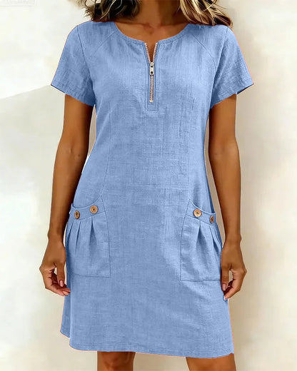 Zipper Pocket Cotton Linen Dress - MATCHING MASTER