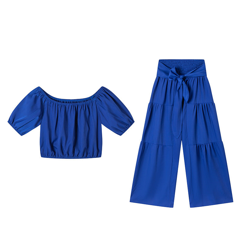 BundleWear™ Bohemian Breeze Set | Off-Shoulder Puff Sleeve Crop & Tiered Wide-Leg Pants
