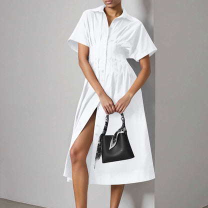 Women's Button-Down Shirt Dress - Short-Sleeve, Loose, Pleated Maxi Sundress with Pockets, Basic Casual Wear for Summer