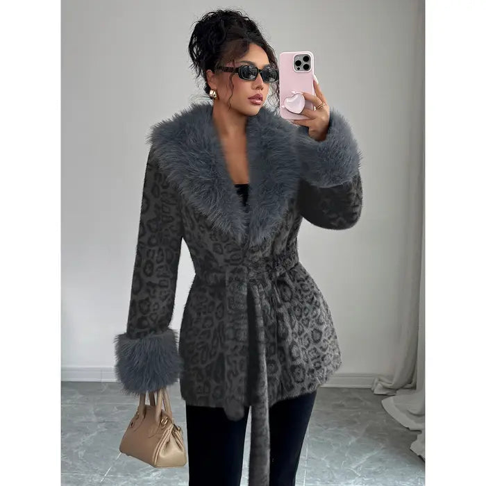 Ladies' winter lace up leopard print faux fur coat