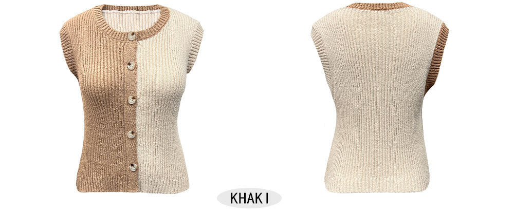 Two-Piece Contrast Knit Top & Denim Set - Sleeveless Button-Down Ribbed Vest with Wide-Leg High-Rise Jeans - BundleWear