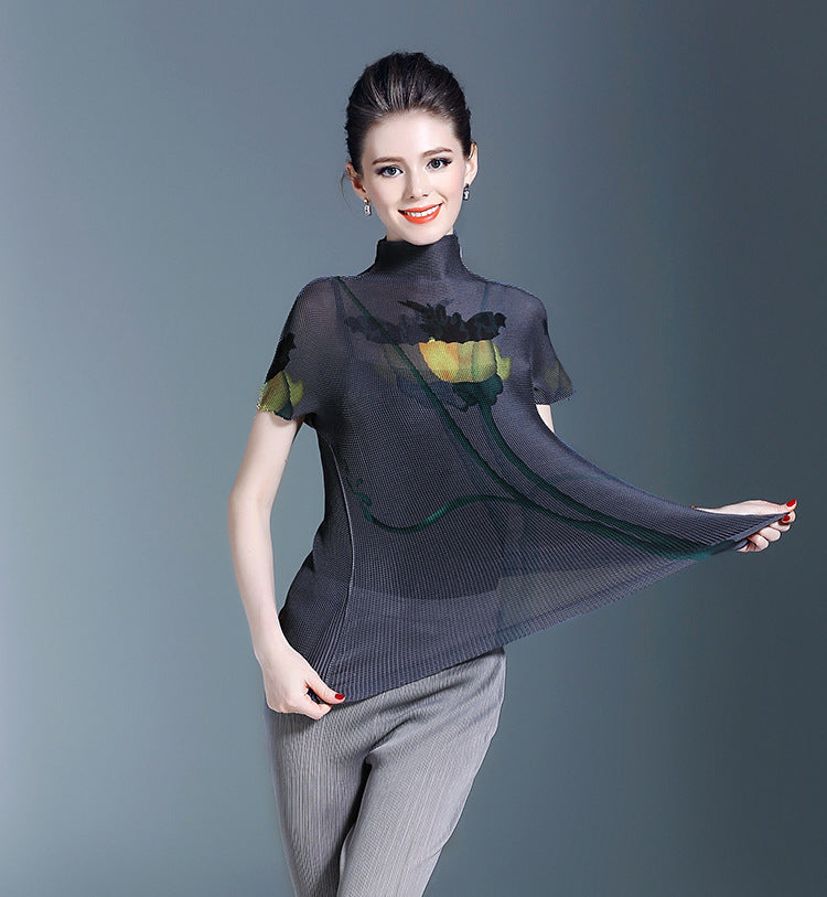 BundleWear™ Art-Print Pleated Tee | Micro-Pleated Mock Neck & Oil-Painting Floral Top