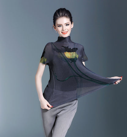 BundleWear™ Art-Print Pleated Tee | Micro-Pleated Mock Neck & Oil-Painting Floral Top