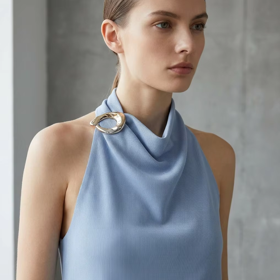 BundleWear™ Gilded Halter Top | Asymmetric Buckle & Draped Mock-Neck Tank