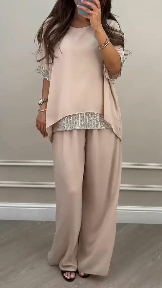 Women's Round Neck Shiny Splicing Casual Set