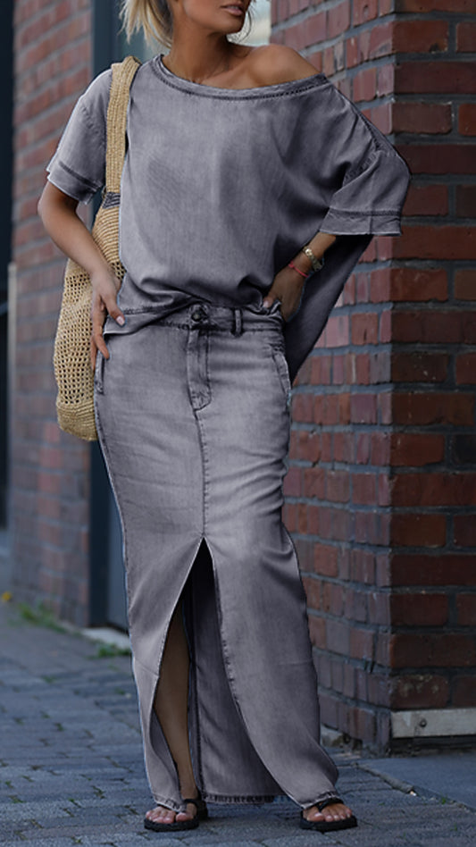 Women's Round Neck Tencel Denim Casual Suit