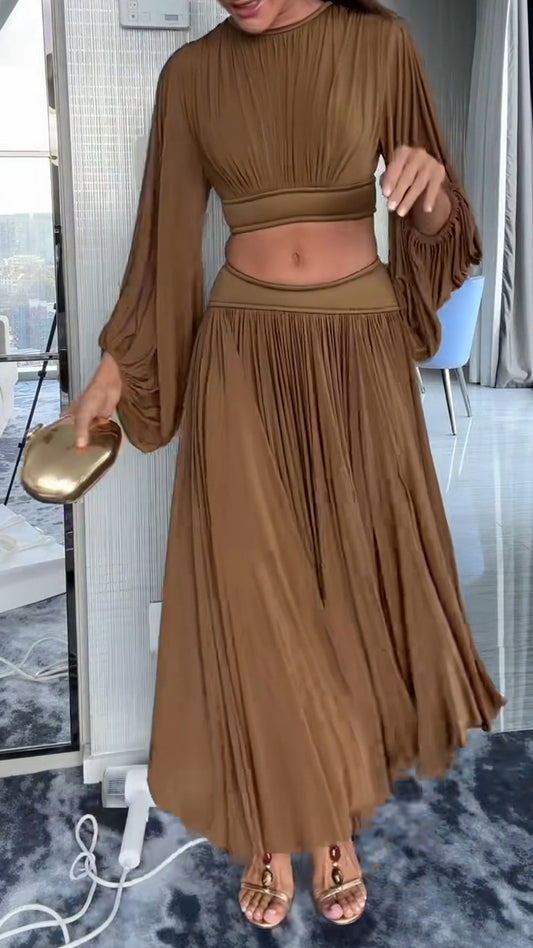 Ladies' Round Neck Pleated Short Top+skirt Elegant Casual Set