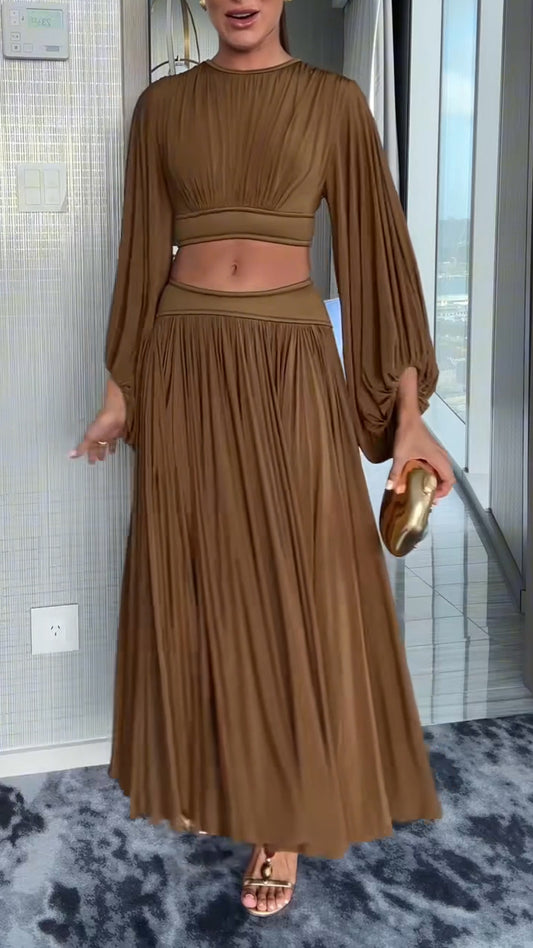 Ladies' Round Neck Pleated Short Top+skirt Elegant Casual Set