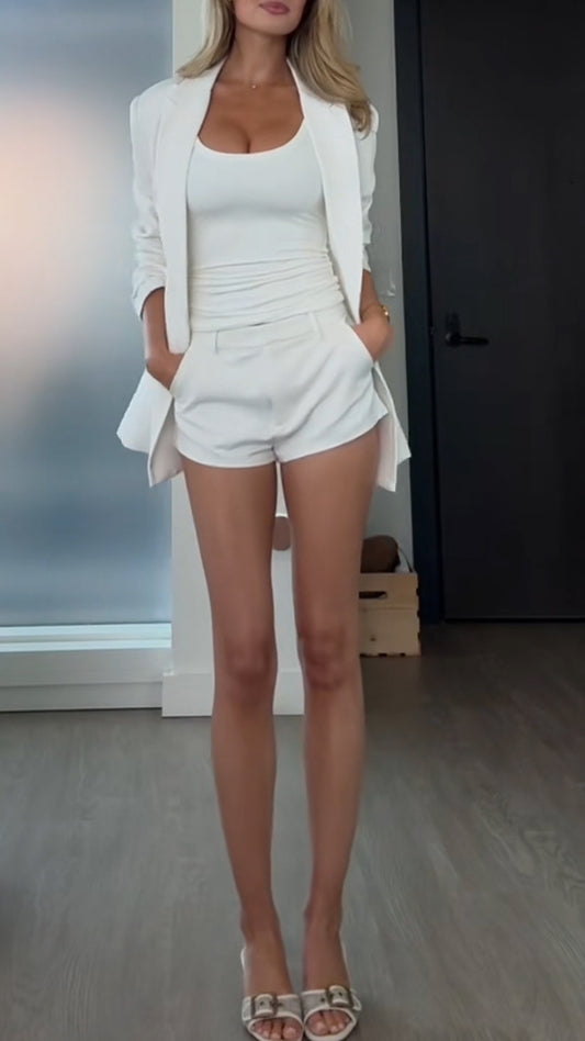 Ladies' Collar Suit Jacket+ Shorts Solid Color Casual Suit