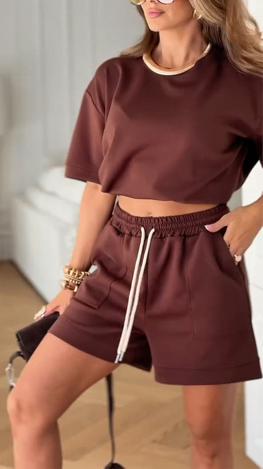Women's Round Neck Top+ Drawstring Pants Loose Casual Suit