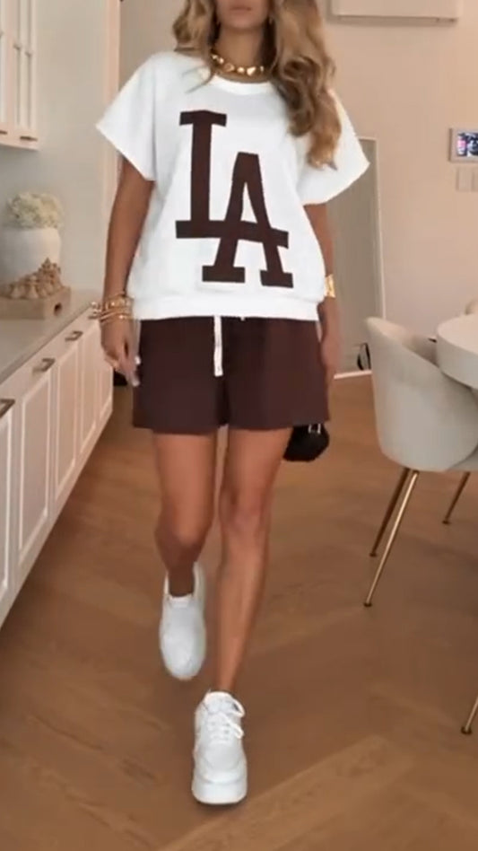 Ladies' Round Neck Printed Letter Top+ Shorts Casual Set