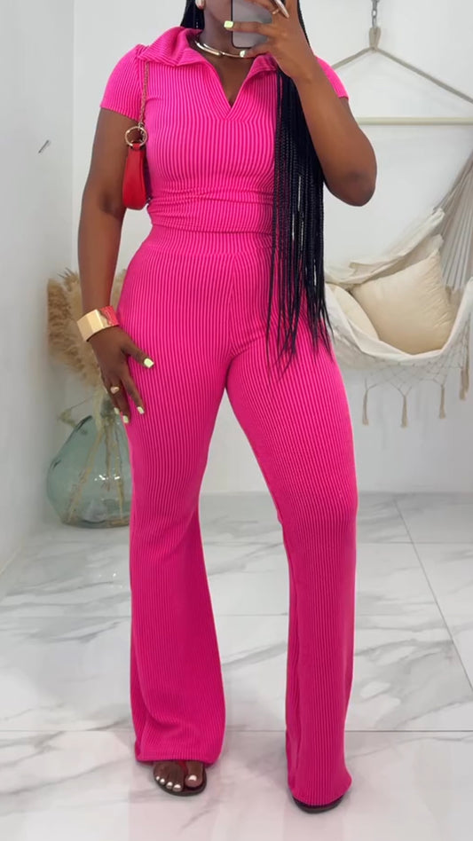 Ladies' Collar Solid Color Top+ Pants Casual Set