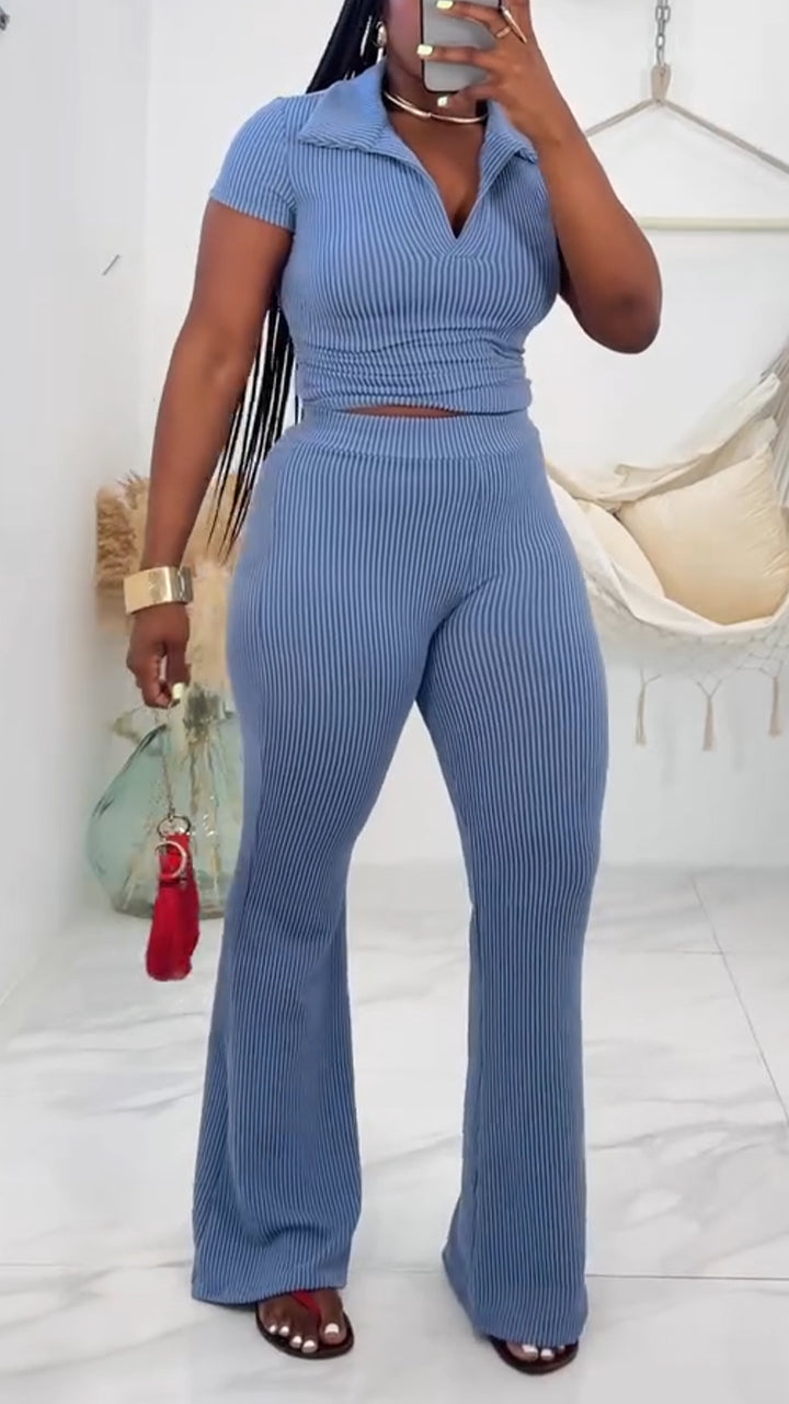 Ladies' Collar Solid Color Top+ Pants Casual Set
