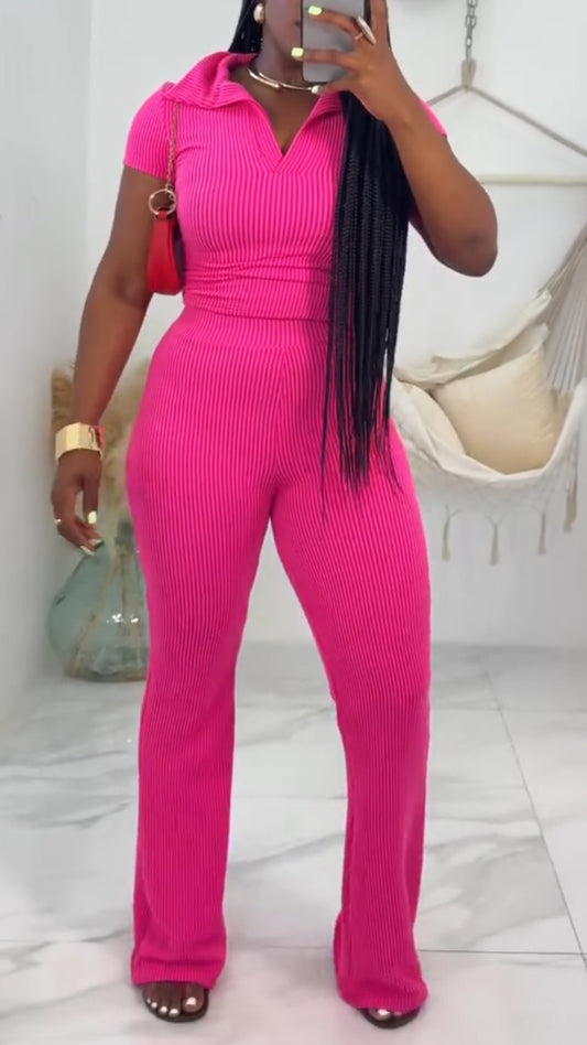 Ladies' Collar Solid Color Top+ Pants Casual Set