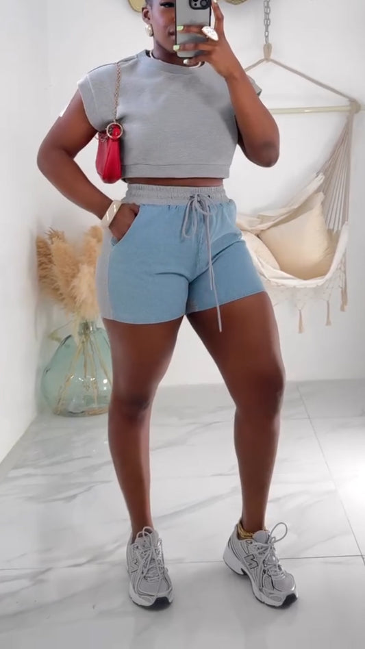 Women's Round Neck Short Top+ Spliced Shorts Casual Set