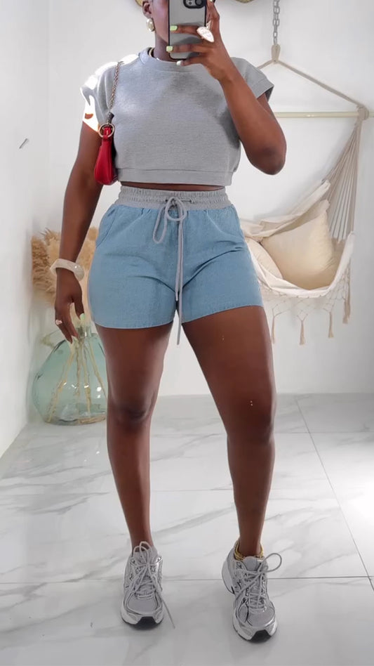 Women's Round Neck Short Top+ Spliced Shorts Casual Set