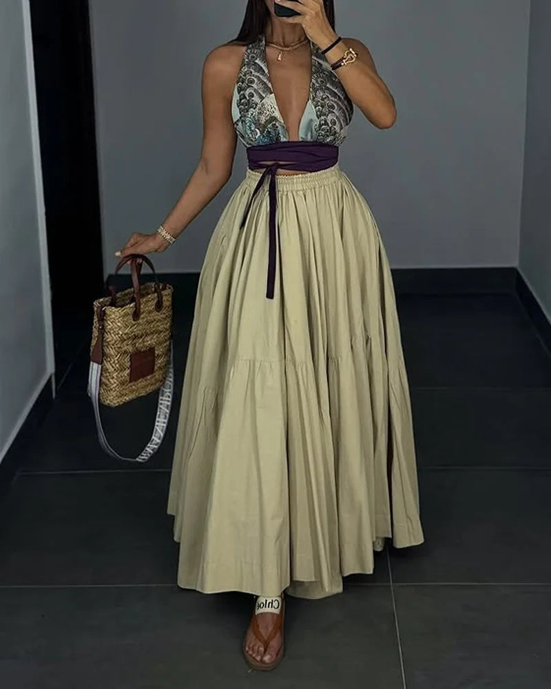 Ladies' Neck Hanging Hollow Top+ Skirt Casual Temperament Set