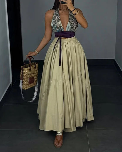 Ladies' Neck Hanging Hollow Top+ Skirt Casual Temperament Set