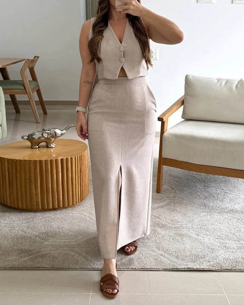 Women's V-neck Short Top+ Slit Skirt Casual Temperament Set