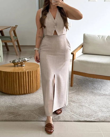 Women's V-neck Short Top+ Slit Skirt Casual Temperament Set