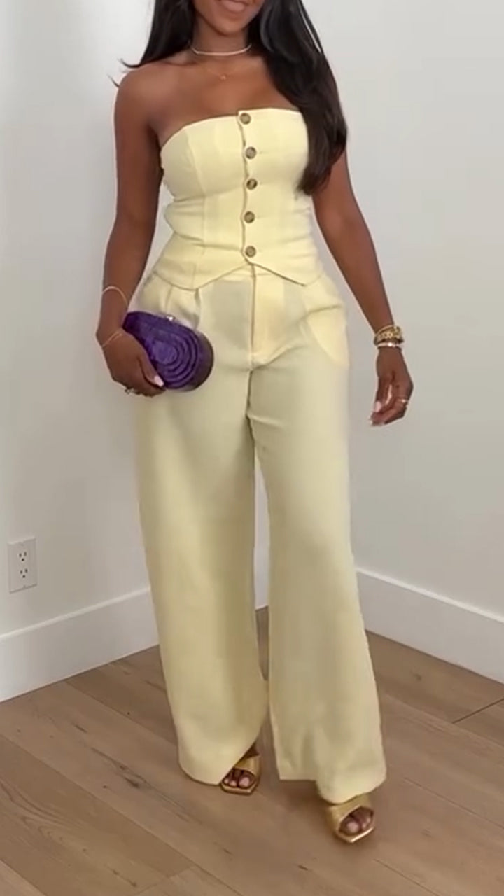Ladies' Strapless Button Up Top + Pants Casual Temperament Set