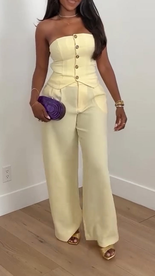 Ladies' Strapless Button Up Top + Pants Casual Temperament Set