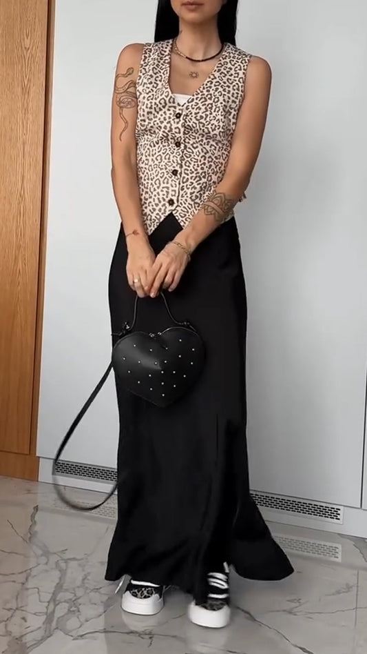 Ladies' V-neck Leopard Print Top+ Skirt Casual Temperament Set