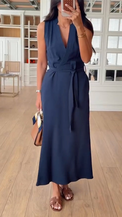 Ladies' V-neck and Waist Cinching Temperament Leisure Dress