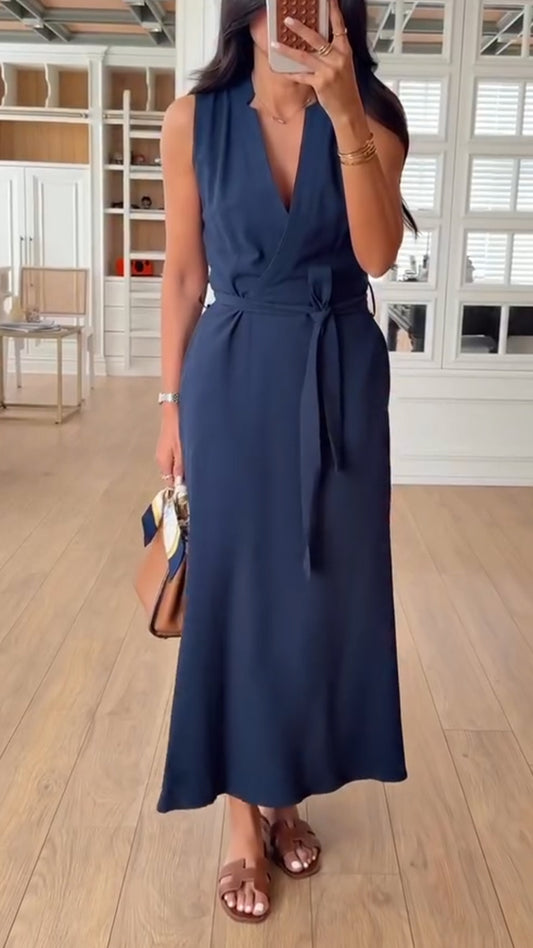 Ladies' V-neck and Waist Cinching Temperament Leisure Dress
