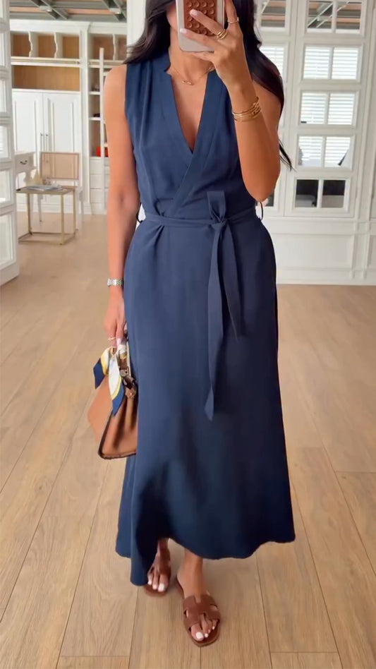 Ladies' V-neck and Waist Cinching Temperament Leisure Dress