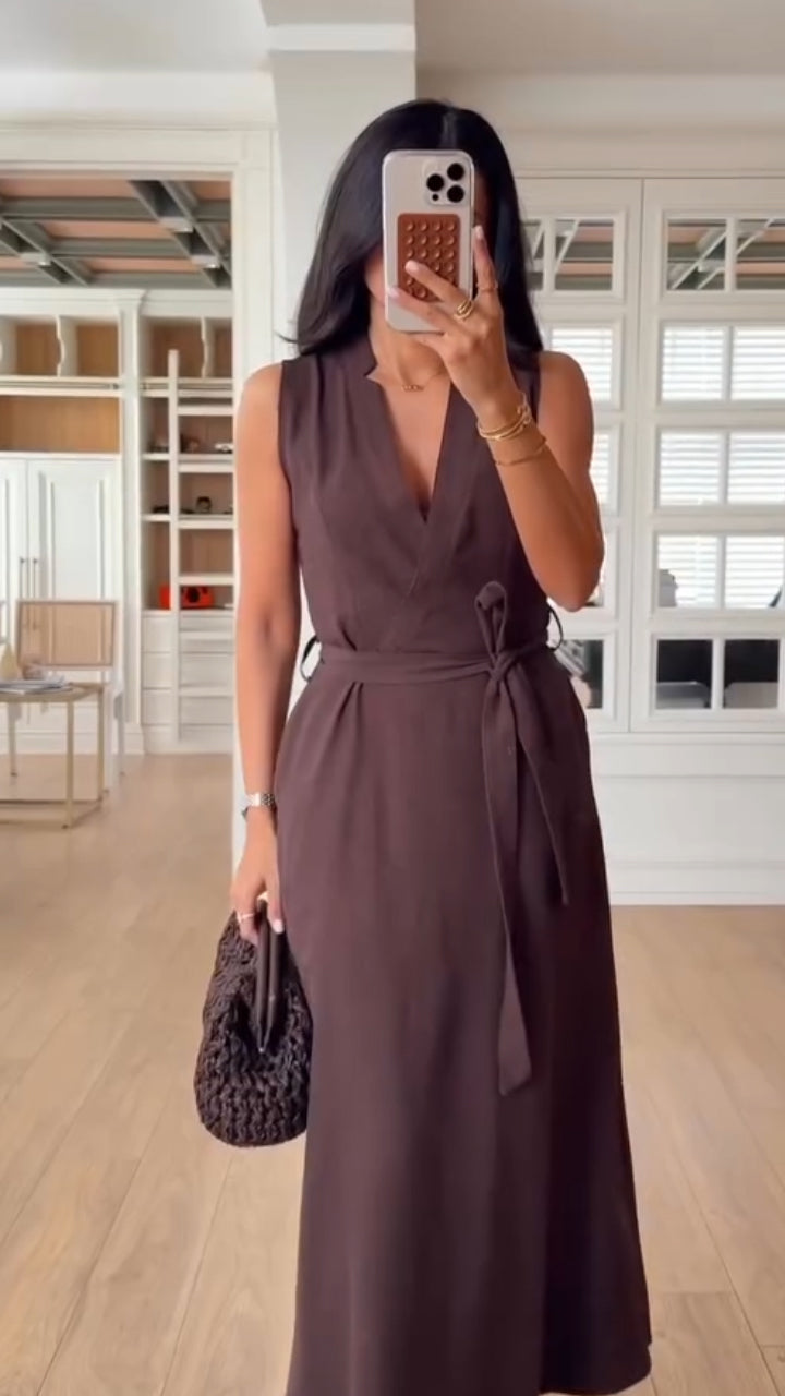 Ladies' V-neck and Waist Cinching Temperament Leisure Dress