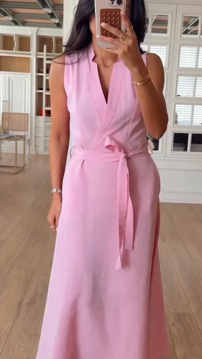 Ladies' V-neck and Waist Cinching Temperament Leisure Dress