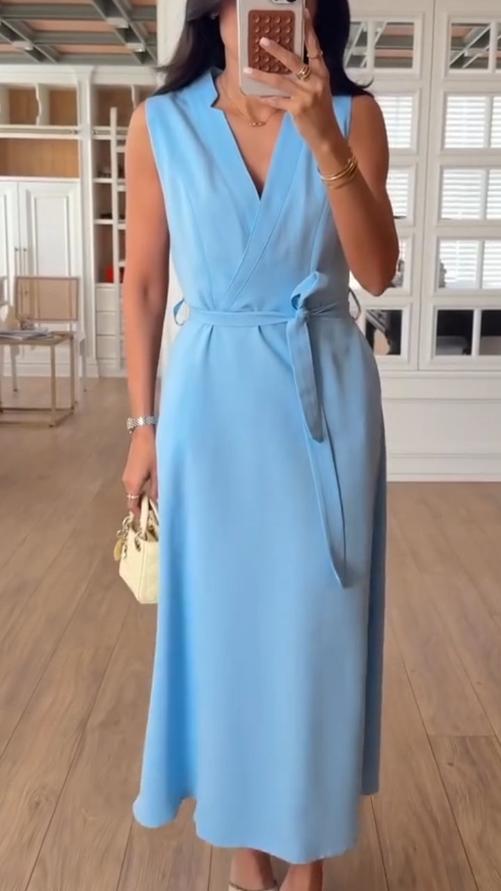 Ladies' V-neck and Waist Cinching Temperament Leisure Dress